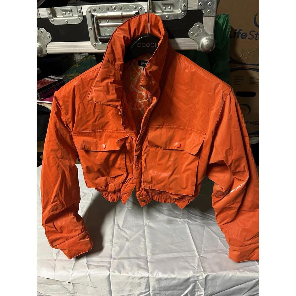 Vintage Orange Cropped‎ Jacket Floral Lining Snap Button Women Size L